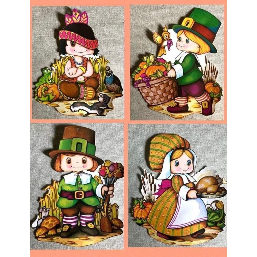 Vintage 1978 Beistle Thanksgiving Die Cut Wall Decorations Set of 4 Pilgrims USA